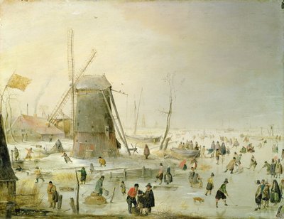 Una escena de invierno con patinadores junto a un molino de viento de Hendrick Avercamp